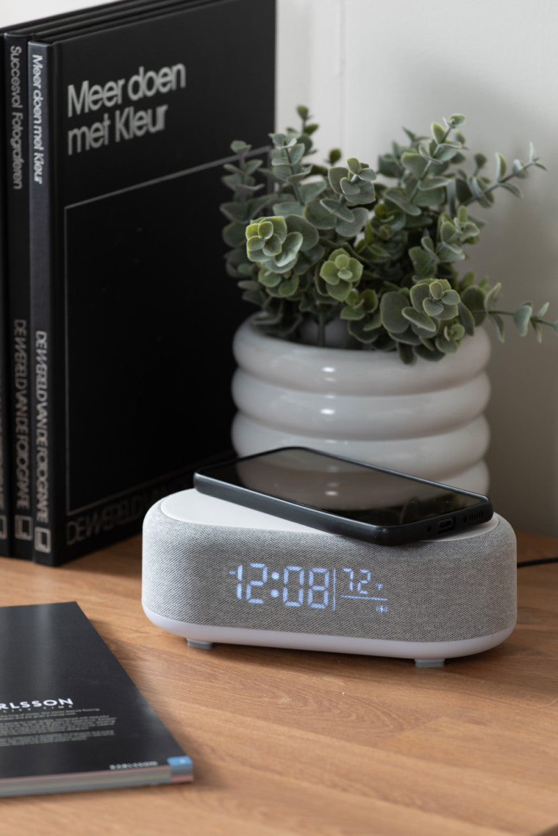 VOGUE ALARM CLOCK + SPEAKER + PHONE CHARGER - GRIJS