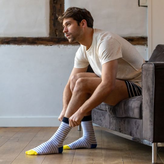 SOKKEN - FIJNE STREPEN WIT/AZUR