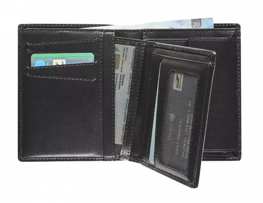 ZWART LEDEREN PORTEFEUIILLE MET UITNEEMBARE KAARTHOUDER