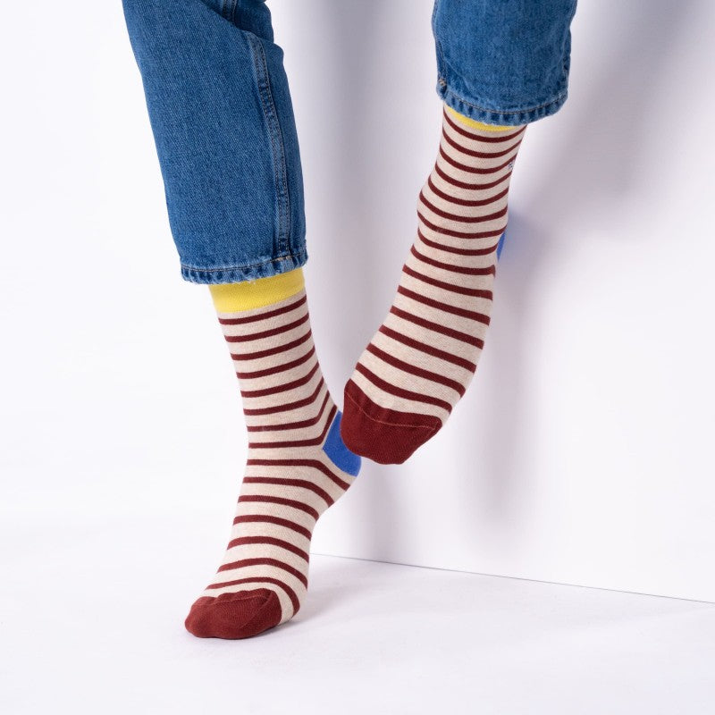 SOKKEN WIDE STRIPES - BEIGE & BURGUNDY
