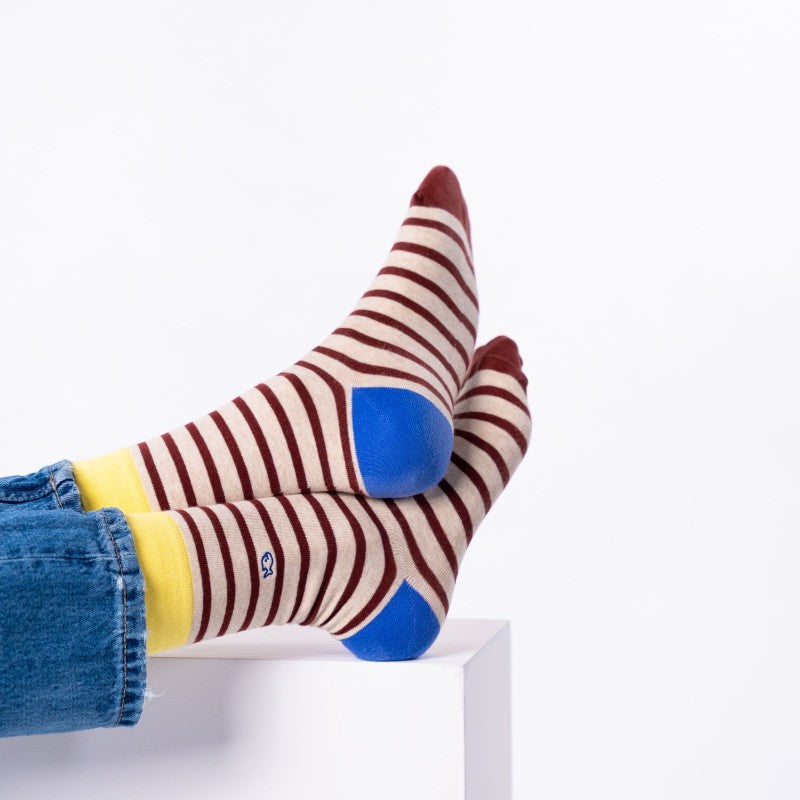 SOKKEN WIDE STRIPES - BEIGE & BURGUNDY