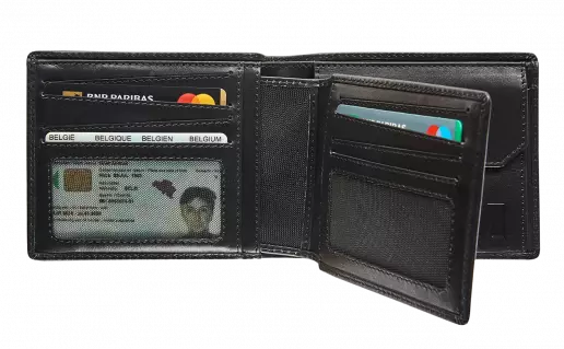 ZWART LEDEREN BILLFOLD PORTEFEUIILLE MET UITNEEMBARE KAARTHOUDER