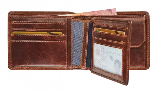 BRUIN LEDEREN BILLFOLD PORTEFEUIILLE MET UITNEEMBARE KAARTHOUDER