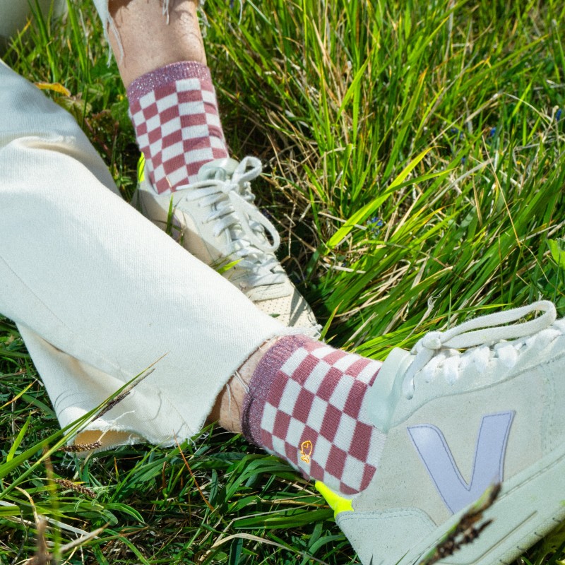 VROUWENSOKKEN - CHECKED PINK & ECRU